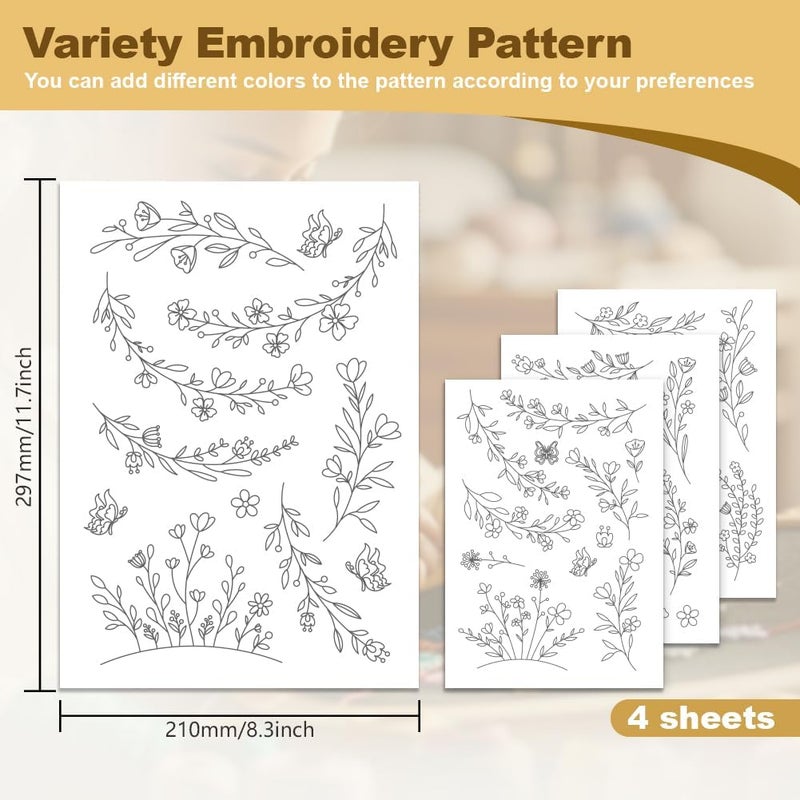 DOODLREAM 29Pcs Flower Vine Embroidery Pattern Stabilizer, 8.3"x11.7" Wildflowers Water Soluble Stick and Stitch Embroidery Sticker, 4 Sheets Floral Border Hand Sewing DIY Embroidery Paper - Image 2